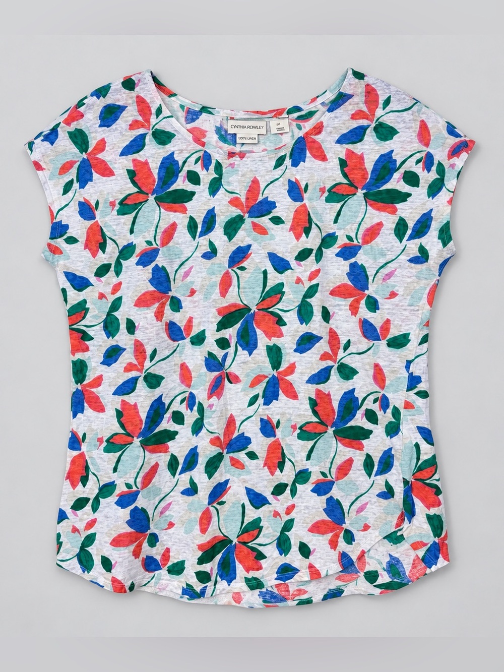 Cynthia Rowley 100% Linen Top Blouse Large Floral Coastal Euro Summer Fisherman